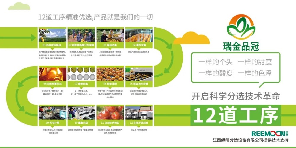 綠萌分選 讓您的水果好吃看得見 2020年11月27日，由瑞金市品冠農業發展有限公司承辦的2020紅都品冠贛南臍橙以“綠水青山、紅色傳橙”為主題的推介會在沈陽舉行。瑞金品冠圍繞“紅色傳橙、綠色情懷、生態共建、品牌強農”的理念，堅持要把優質贛南臍橙推介給東北人民，為此，瑞金品冠挑選優質臍橙果園基地
